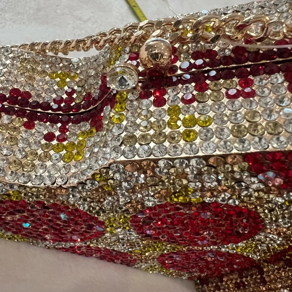 Embellished Pizza Slice Rhinestone Clutch in Red, Gold & Clear - Picture 4 of 16